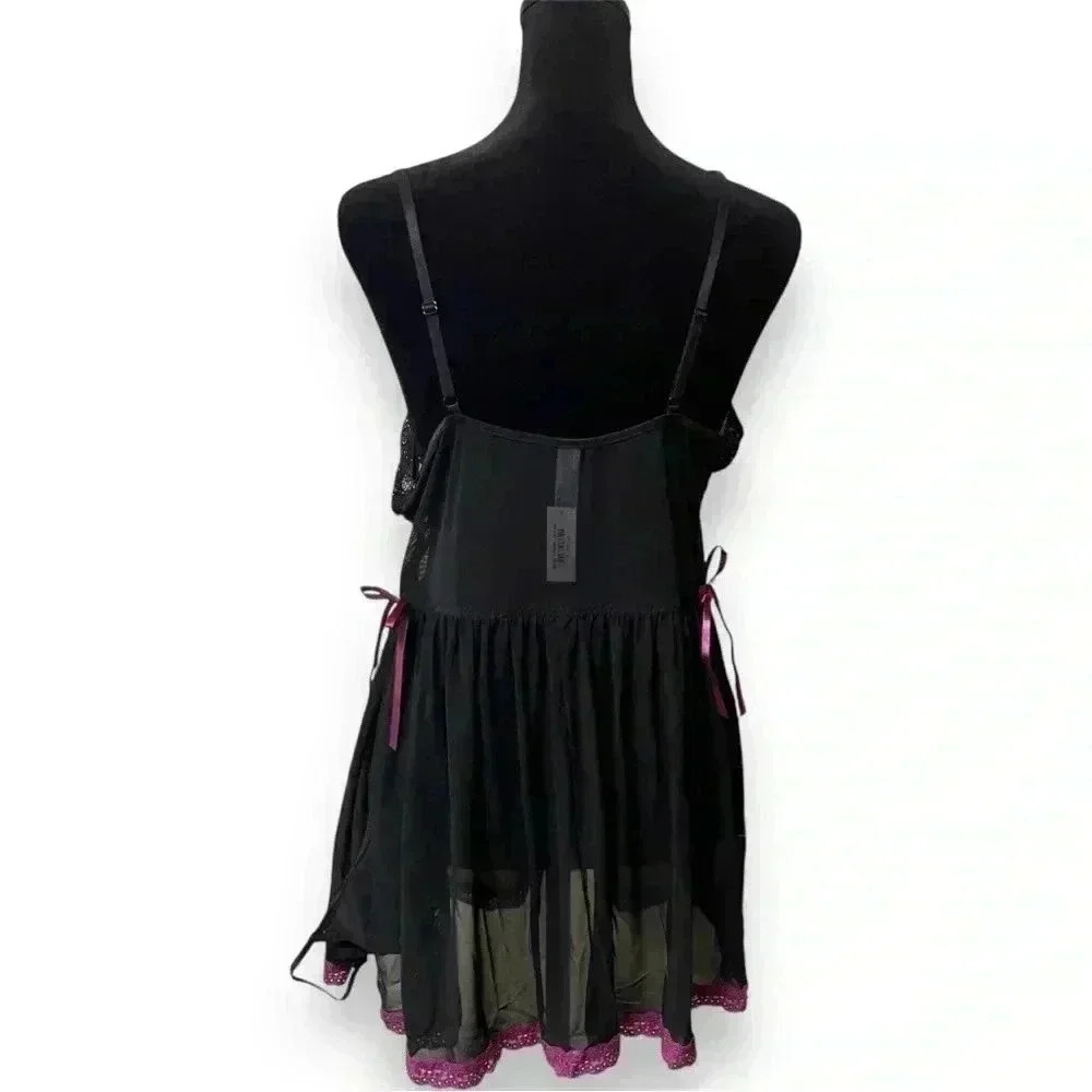 NWT Adore me Black and Purple Mesh Side Slit Babydoll Nightie with Black Panties - Picture 11 of 12